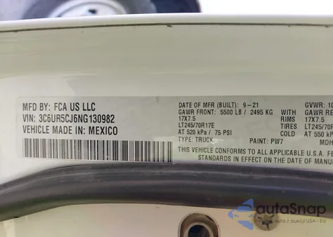 2022 Ram 2500 Tradesman 4X4 6'4 Box z USA, uszkodzony, nr VIN 3C6UR5CJ6NG130982